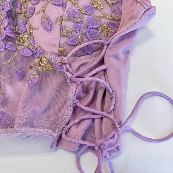 Purple/Gold Lace Up Side Cropped Floral Top - Picture 5 of 7
